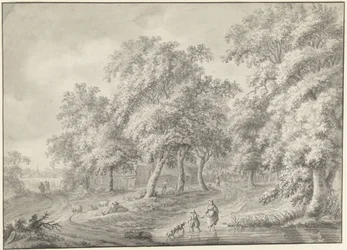 Landschaft mit Mutter und Kind mit Hund, der durch einen Teich watet