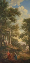 Arkadische Landschaft mit einem Tempel links und einem sitzenden alten Mann im Vordergrund