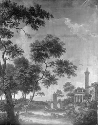 Wandbehang mit arkadischer Landschaft, zum Saal des Hauses Herengracht 40 gehörend