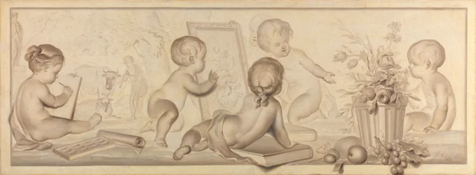 Sechs Putti mit Blumen und Früchten und Attributen der Zeichenkunst