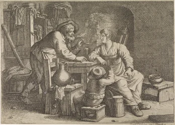 Interieur mit einem rauchenden Bauern, einer Frau und einem Jungen