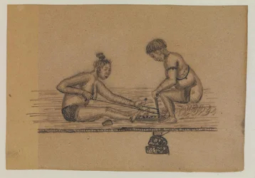 Illustration zu einer Inuit-Legende (zwei nackte Personen machen Feuer)