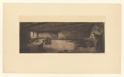 Zimmer mit kämpfenden Männern und einer herbeieilenden Frau