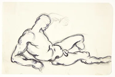 Studie eines liegenden nackten Mannes. Studie zur Adamfigur in der Gruppe "Das erwachende Eva"