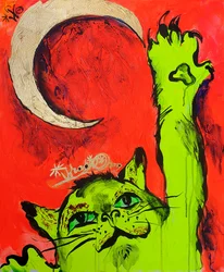 Grüne Katze roter Mond