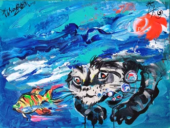 Unterwasserkatze und Fisch