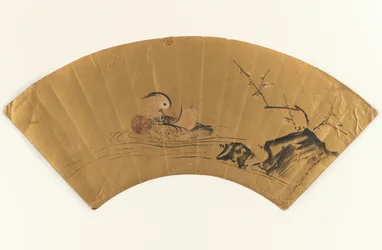 Mandarinente und blühender Pflaumenbaum