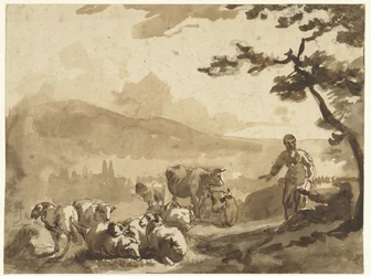 Berglandschaft mit Hirten bei ihrer Schaf- und Kuhherde