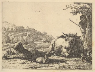 Kuh, erwachsenes Schaf und junges Schaf im Gras liegend, dahinter steht ein Hirte teilweise sichtbar, 1656