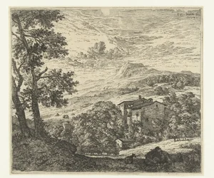 Hügellandschaft mit Häusern, Esel und zwei Schafen