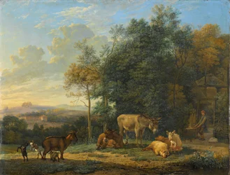 Landschaft mit zwei Eseln, Ziegen und Schweinen