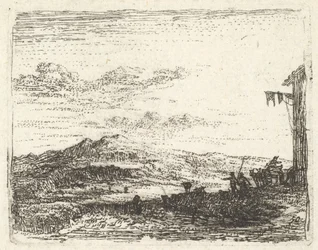 Landschaft mit Gebäudeecke und Markise ganz rechts, zwei Figuren und ein Pferd, ca. 1641-78