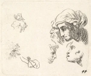 Studie von Köpfen im Profil, eine Frau mit Kopftuch und ein bärtiger Mann, deren Köpfe ..., ca. 1641-78