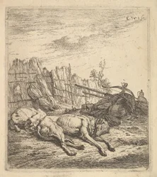 Zwei Hunde schlafen auf dem Boden, ein Pflug, landwirtschaftliche Geräte, Strohbündel, ca. 1641-78