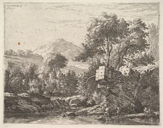 Zwei Männer stehen knöcheltief im Wasser mit einem felsigen Vorsprung dahinter, links, 1658
