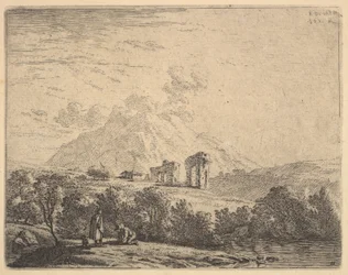Ansicht eines Hügels mit Ruinen, einem Aquädukt und einem Berggipfel im Hintergrund, im Vordergrund ein m..., 1658