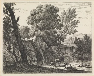 Landschaft mit einem Mann und zwei Eseln