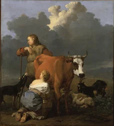 Bauernmädchen beim Melken einer Kuh