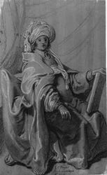 Sitzende Figur in Mantel und Turban, ein Buch haltend. Nach rechts gewandt.