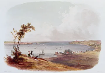 Einfahrt in die Bucht von New York, Staten Island, graviert von Salathe (Farblithografie)