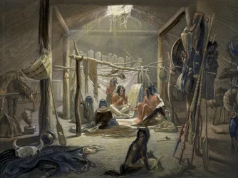 Das Innere einer Hütte eines Mandan-Häuptlings, Tafel 19 aus Band 2 von Reisen im Inneren Nordamerikas, graviert von Narcisse Desmadryl, 1844 (Detail)
