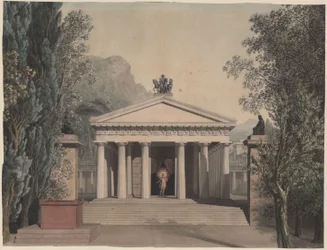 Alceste (?). Oper von Christoph Willibald Gluck. Entwurf zu einer Dekoration. Dorischer Tempel in südlicher Landschaft