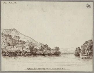 Ansicht eines Dorfes bei Graz von einer Brücke der Mur