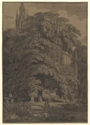 Gotische Kirche hinter einem Baum versteckt, 1810