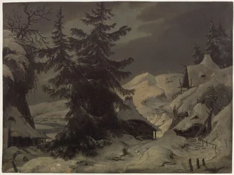 Graf Benjowski, oder die Verschwörung auf Kamtschatka. Schauspiel von August von Kotzebue. Entwurf zur 2. Dekoration. Dorf mit Schneelandschaft