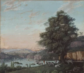 Italienische Ideallandschaft mit Baum, Herde und Bergen