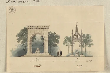 Lützen. Entwurf zu einem Denkmal für König Gustav II. Adolf von Schweden als vierseitig offene Bogenhalle und als Tabernakel über dem Schwedenstein