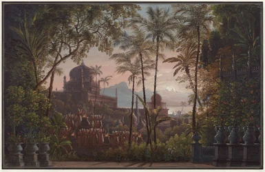 Nurmahal oder das Rosenfest von Caschmir. Oper von Gaspare Spontini. Entwurf zur 1. Dekoration. Palastgarten mit Blick auf Caschmir