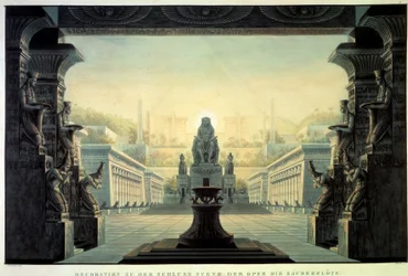 Theaterdekor: Dekor für die Oper „Die Zauberflöte“ von Wolfgang Amadeus Mozart, nach einem Libretto von Emanuel Schikaneder. Zeichnung von Karl Schinkel (1781-1841)