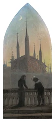 Menschen in alter deutscher Kleidung in Betrachtung einer mittelalterlichen Stadt