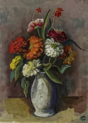 Stillleben mit Zinnienstrauß in Vase