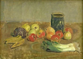 Stillleben. Äpfel, Lauch, Bananen und grüner Krug