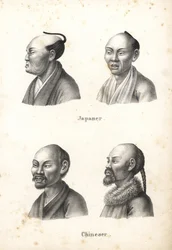 Büsten von japanischen Männern mit Chonmage-Frisur und chinesischen Männern mit Bärten
