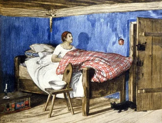 Katze besucht eine Frau in ihrem Schlafzimmer, frühes 20. Jahrhundert (Illustration)