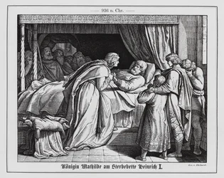Königin Mathilde am Sterbebett von König Heinrich I. von Ostfranken, 936 (Gravur)