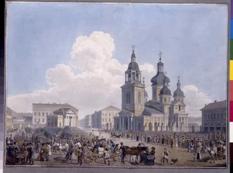 Der Heumarkt und die Mariä-Himmelfahrt-Kirche in Sankt Petersburg