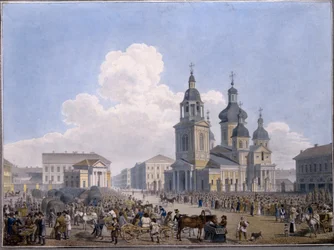 Der Heumarkt und die Mariä-Entschlafens-Kirche in Sankt Petersburg