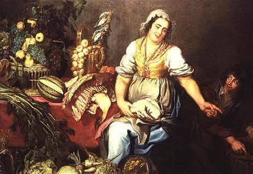 Küchenstillleben mit Obst, Gemüse und einem Mädchen, das ein Huhn hält