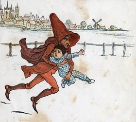 Ein Kobold nimmt ein kleines Kind mit. Illustration von Kate Greenaway (1846-1901) aus dem Kinderbuch „Unter dem Fenster“ (1879), herausgegeben von Edmund Evans.