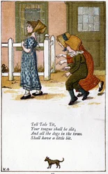 Tell tale tit/Deine Zunge soll gespalten werden: Illustration von Kate Greenaway (1846-1901) für ein Buch mit Kinderreimen. Chromolithographie