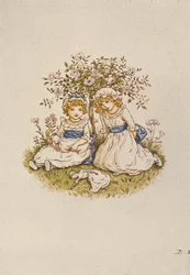 Zwei Mädchen mit Puppen unter einem Rosenbusch, 19. Jahrhundert