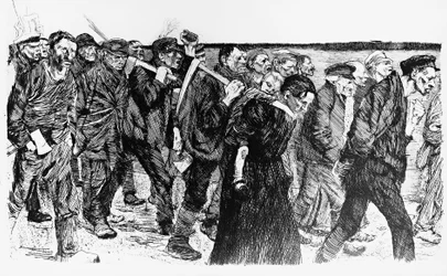 Demonstration der Arbeiter, Illustration von Kathe Kollowitz für die Oper Die Weber