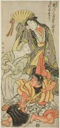 Schauspieler Ichikawa Komazô III als Nyosan no Miya (Die dritte Prinzessin), Ukare Zatô (Ein blinder Straßenkünstler) und Sakata no Kaidô-maru in „Erweitertes Sommerfest“ („Zôho natsu matsuri“)