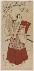 Ichikawa Monnosuke II als ein Herr mit einem Banner