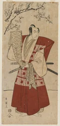 Ichikawa Monnosuke II als ein Lord, der ein Banner hält