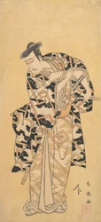 Der Schauspieler Ichikawa Yaozo III als Fuwa Banzaemon in einem Donnergewand, spielt mit einem Fächer, 1794